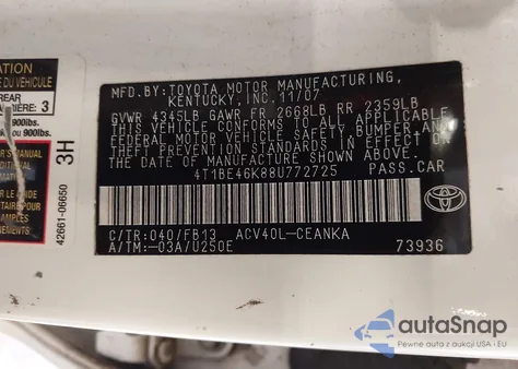 2008 Toyota Camry Le from USA, damaged, VIN 4T1BE46K88U772725